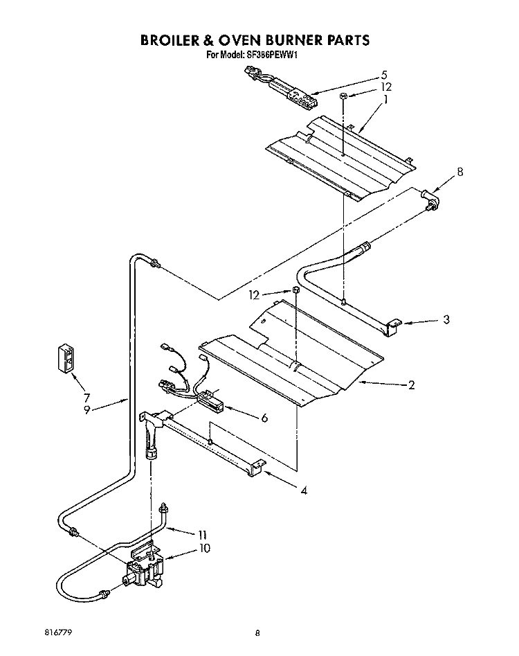 BROILER AND OVEN BURNER Diagram and Parts List for SF386PEWW1  Whirlpool Range