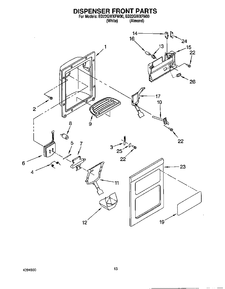 DISPENSER FRONT Diagram and Parts List for ED22GWXFW00  Whirlpool Refrigerator