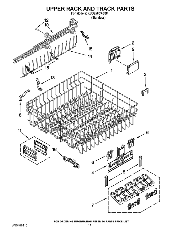 UPPER RACK AND TRACK PARTS Diagram and Parts List for KUDE50CXSS8  KitchenAid Dishwasher