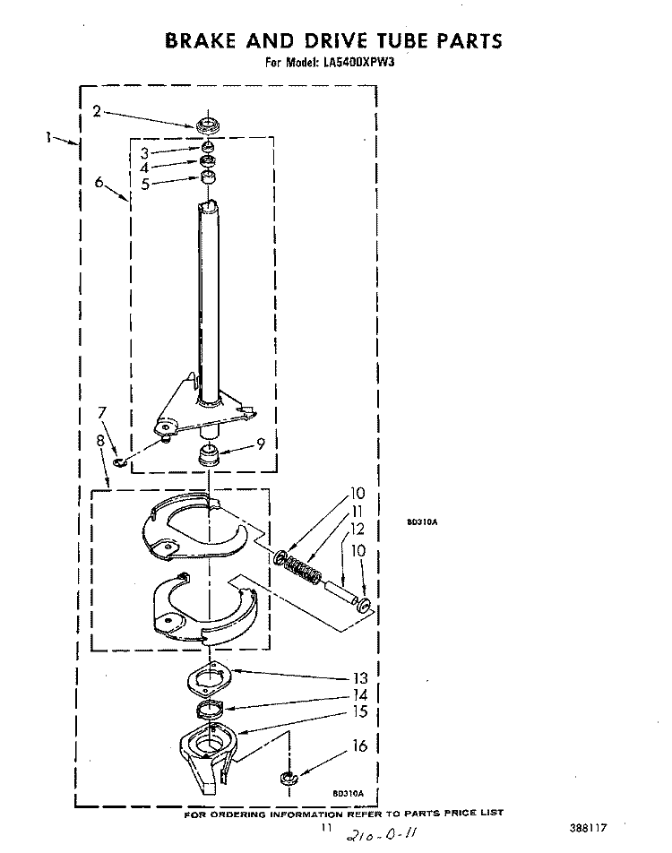 BRAKE AND DRIVE TUBE Diagram and Parts List for LA5400XPW3  Whirlpool Washer