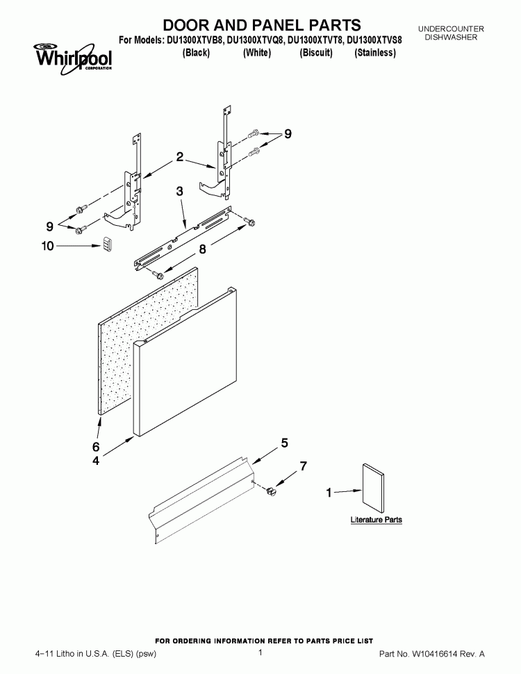 DOOR AND PANEL PARTS Diagram and Parts List for DU1300XTVB8  Whirlpool Dishwasher