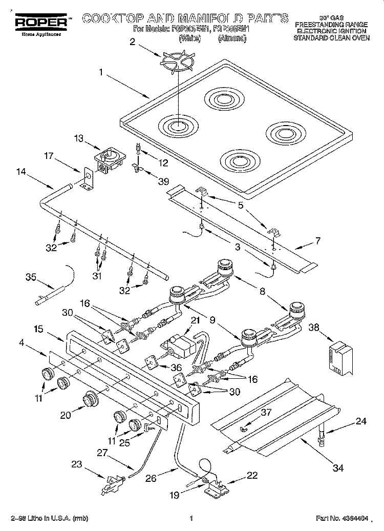 COOKTOP AND MANIFOLD Diagram and Parts List for FGP305EW1  Roper Range