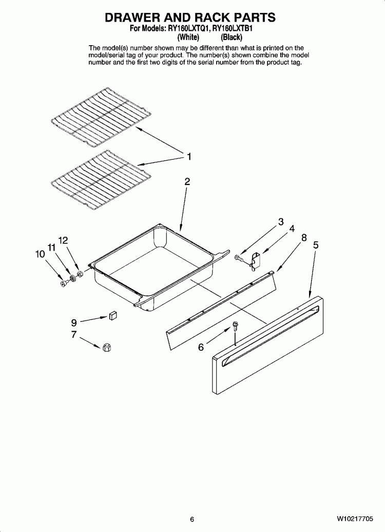 DRAWER AND RACK PARTS Diagram and Parts List for RY160LXTB1  Whirlpool Range