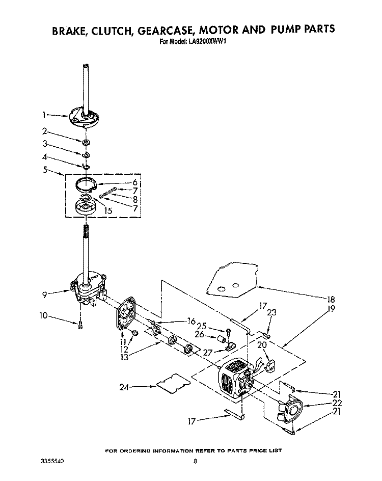 BRAKE, CLUTCH, GEARCASE, MOTOR AND PUMP Diagram and Parts List for LA9200XWF1  Whirlpool Washer