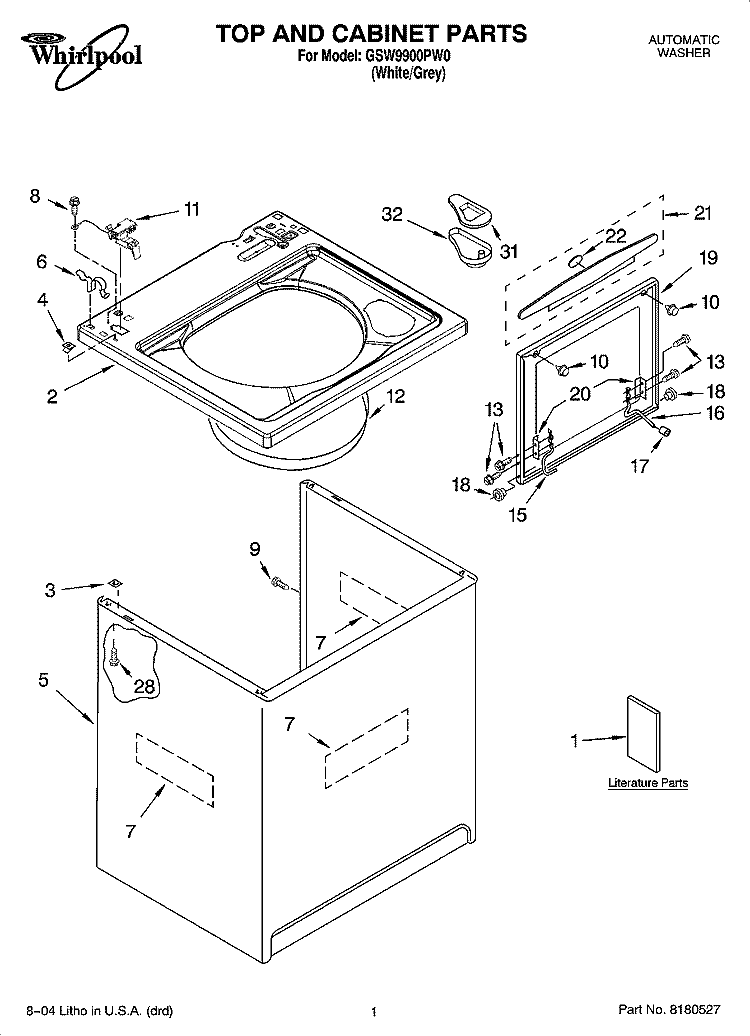 TOP AND CABINET PARTS Diagram and Parts List for GSW9900PW0  Whirlpool Washer