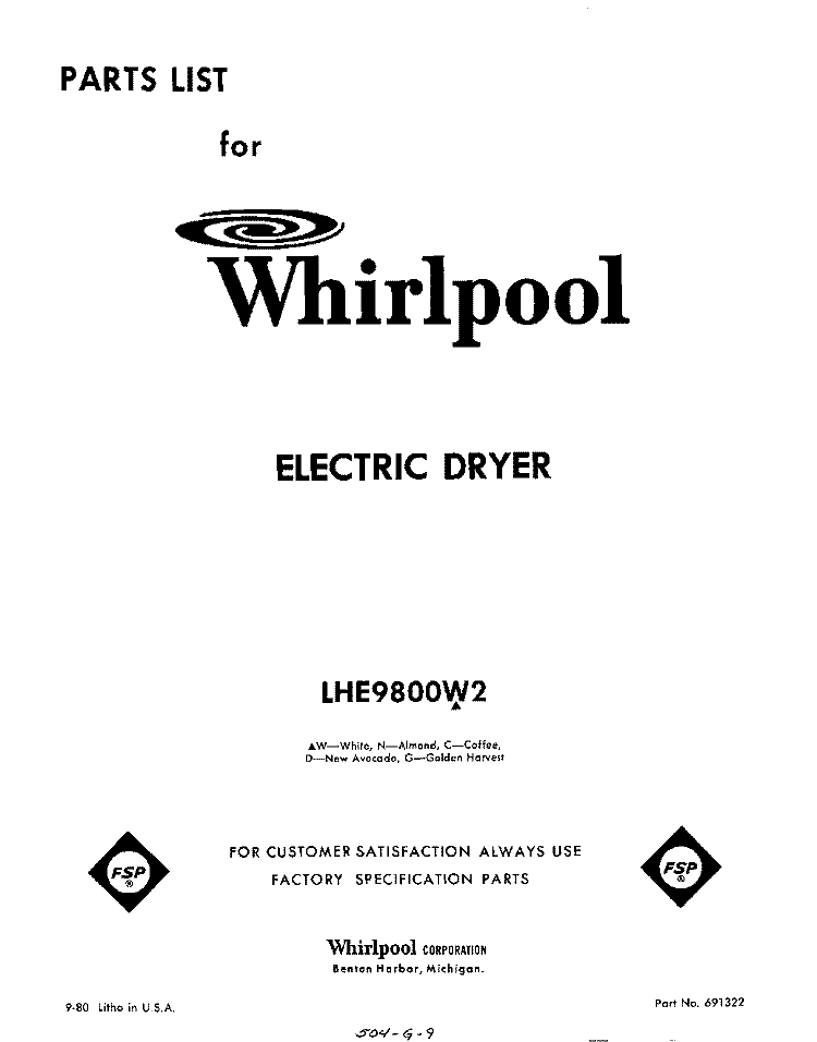 SECTION Diagram and Parts List for LHE9800W2  Whirlpool Dryer