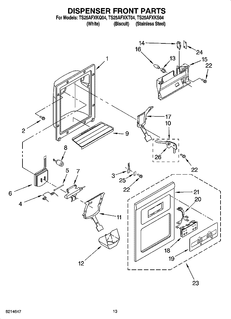 DISPENSER FRONT PARTS Diagram and Parts List for TS25AFXKQ04  Estate Refrigerator