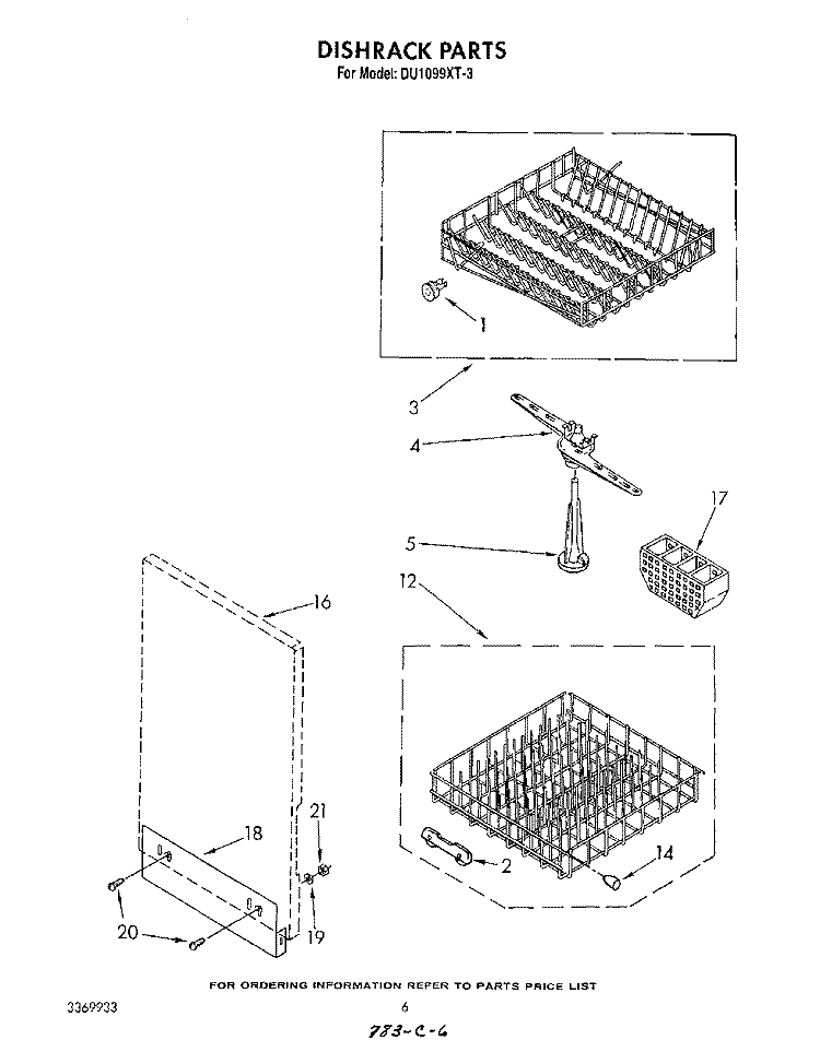 DISHRACK Diagram and Parts List for DU1099XT3  Whirlpool Dishwasher