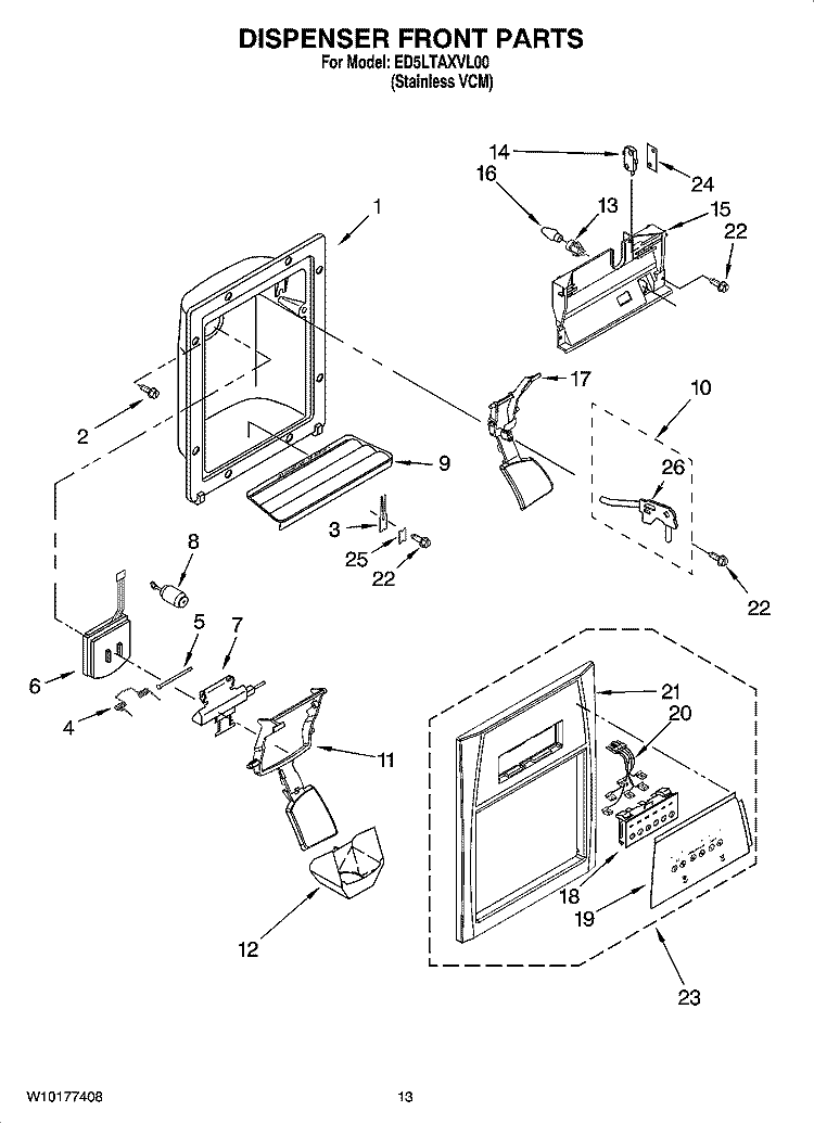 DISPENSER FRONT PARTS Diagram and Parts List for ED5LTAXVL00  Whirlpool Refrigerator