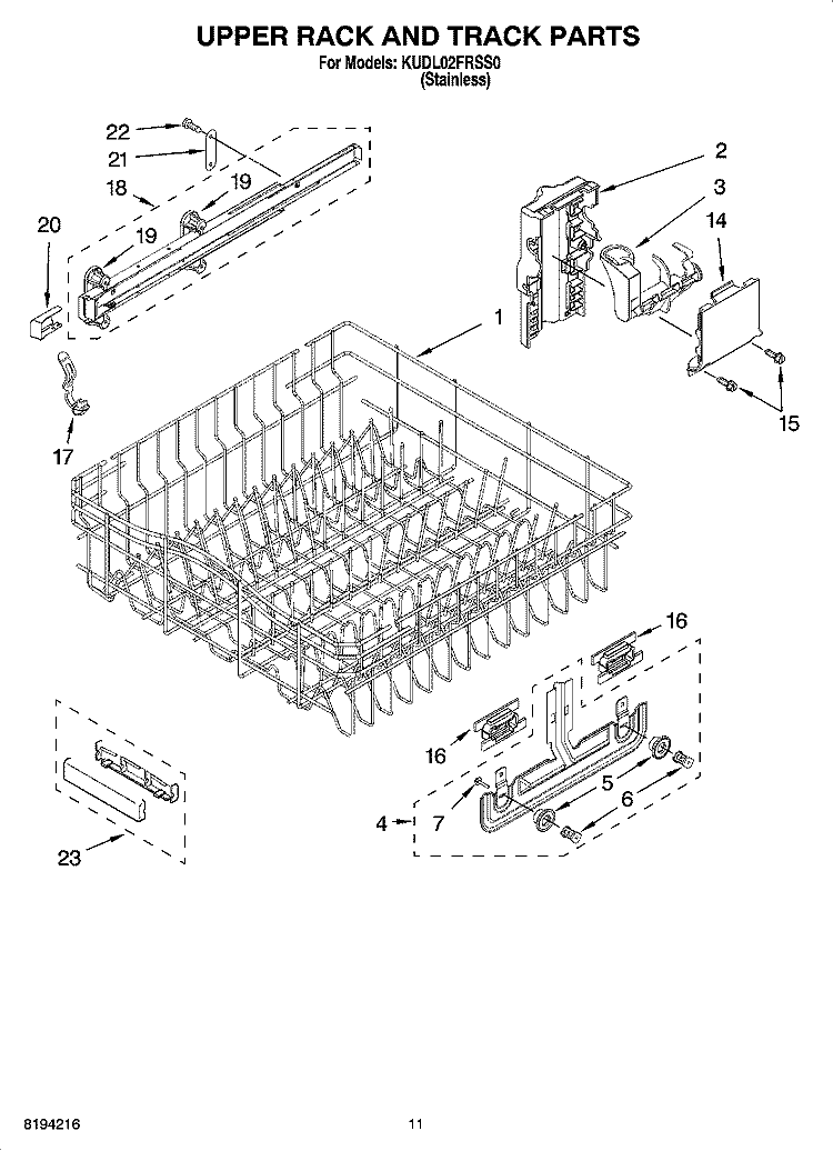 UPPER RACK AND TRACK PARTS Diagram and Parts List for KUDL02FRSS0  KitchenAid Dishwasher