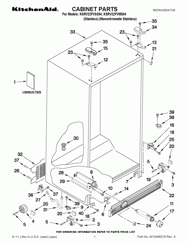 CABINET PARTS Diagram and Parts List for KSRV22FVSS04  KitchenAid Refrigerator