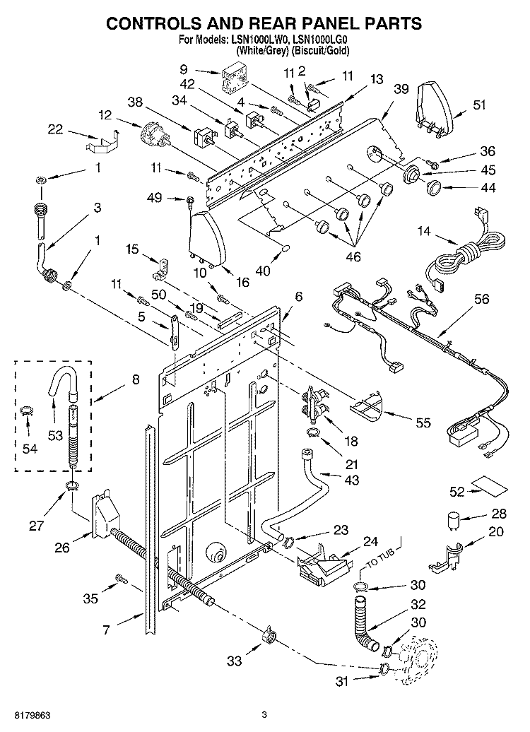 CONTROLS AND REAR PANEL Diagram and Parts List for LSN1000LW0  Whirlpool Washer
