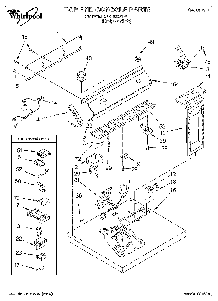 TOP AND CONSOLE, LIT/OPTINAL Diagram and Parts List for 8LGR5636FQ1  Whirlpool Dryer