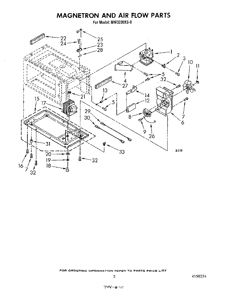 MAGNETRON AND AIRFLOW Diagram and Parts List for MW3200XS0  Whirlpool Microwave