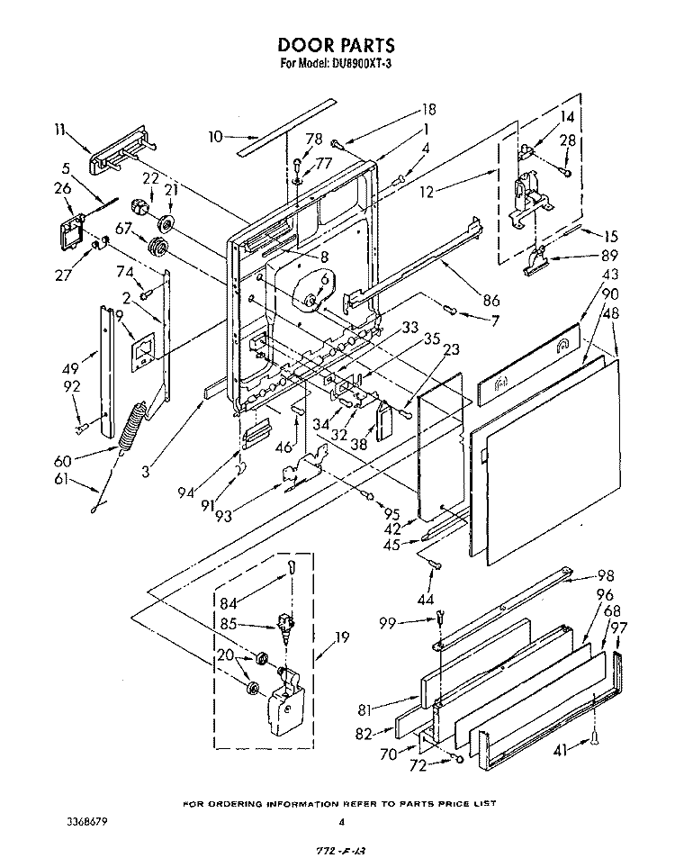 DOOR Diagram and Parts List for DU8900XT3  Whirlpool Dishwasher