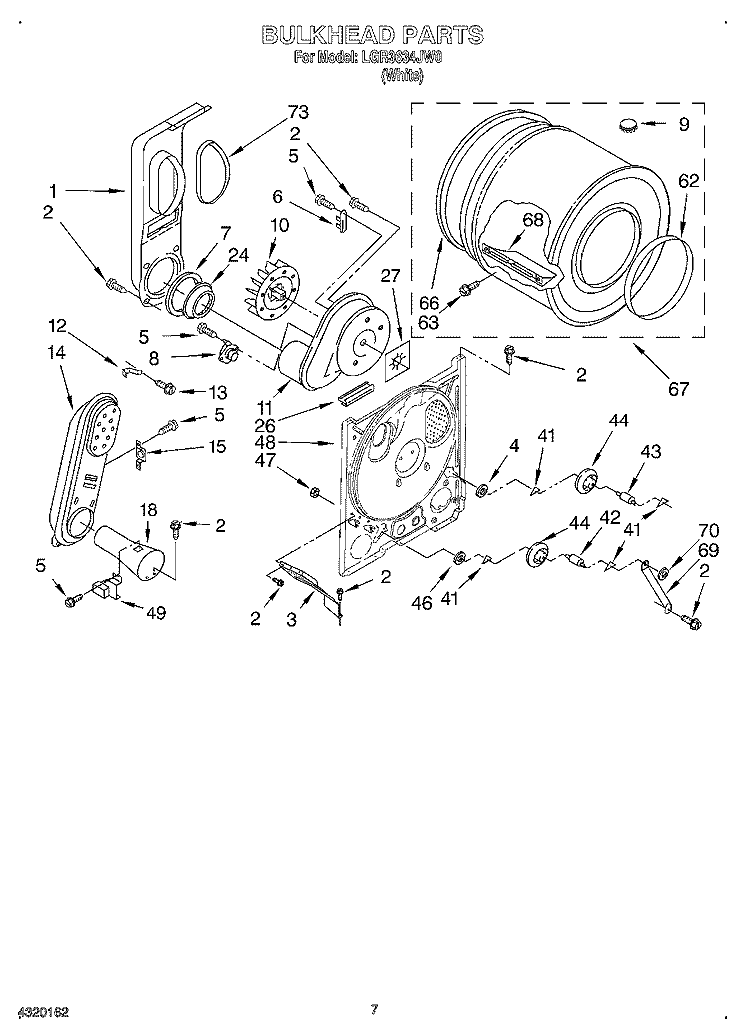 BULKHEAD Diagram and Parts List for LGR3634JW0  Whirlpool Dryer