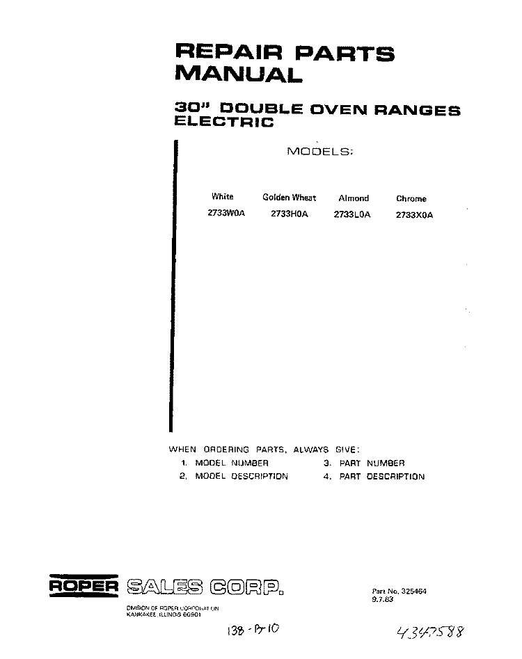 MAIN TOP Diagram and Parts List for 2733W0A  Roper Range