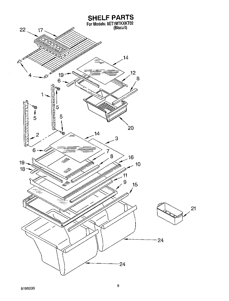 SHELF, OPTIONAL Diagram and Parts List for 8ET1MTKXKT02  Whirlpool Refrigerator