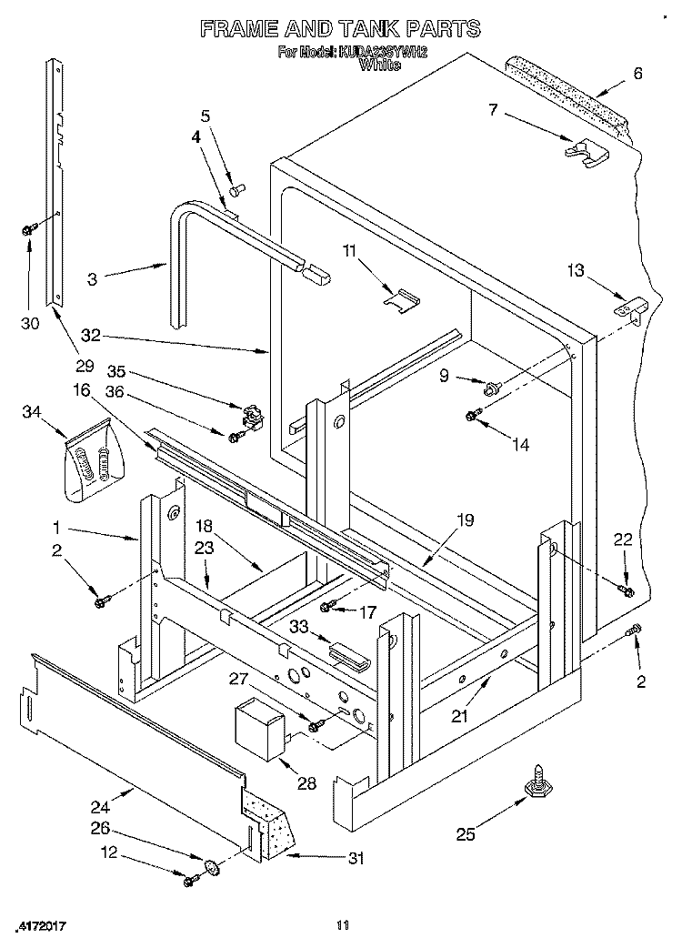 FRAME AND TANK Diagram and Parts List for KUDA23SYWH2  KitchenAid Dishwasher