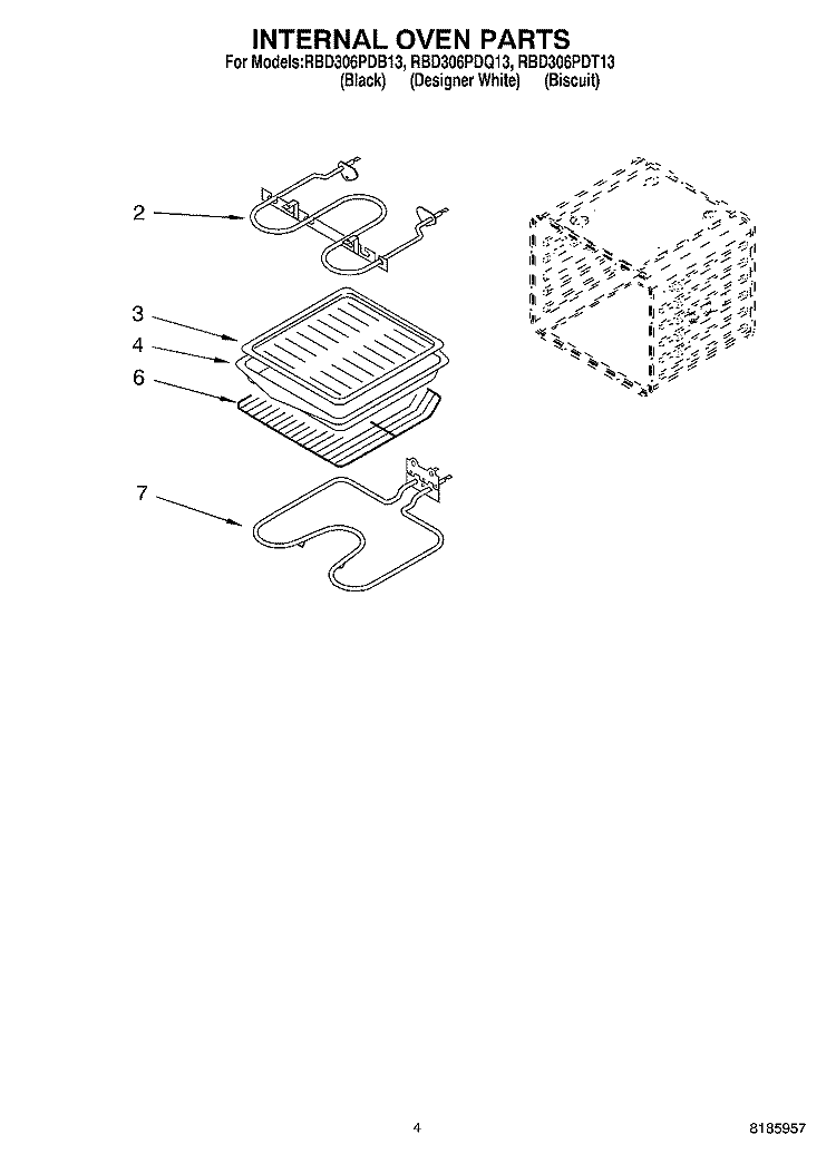 INTERNAL OVEN Diagram and Parts List for RBD306PDT13  Whirlpool Wall Oven