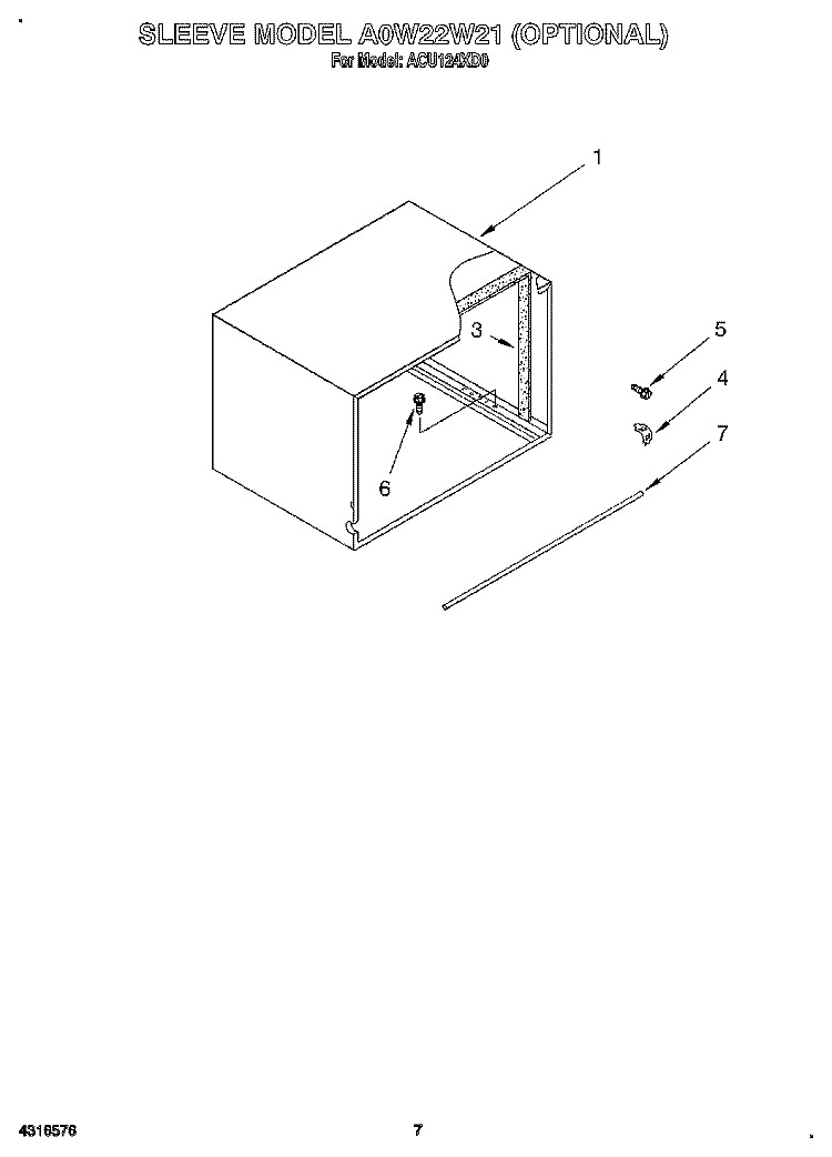 SLEEVE MODEL A0W22W21 Diagram and Parts List for ACU124XD0  Whirlpool Air Conditioner