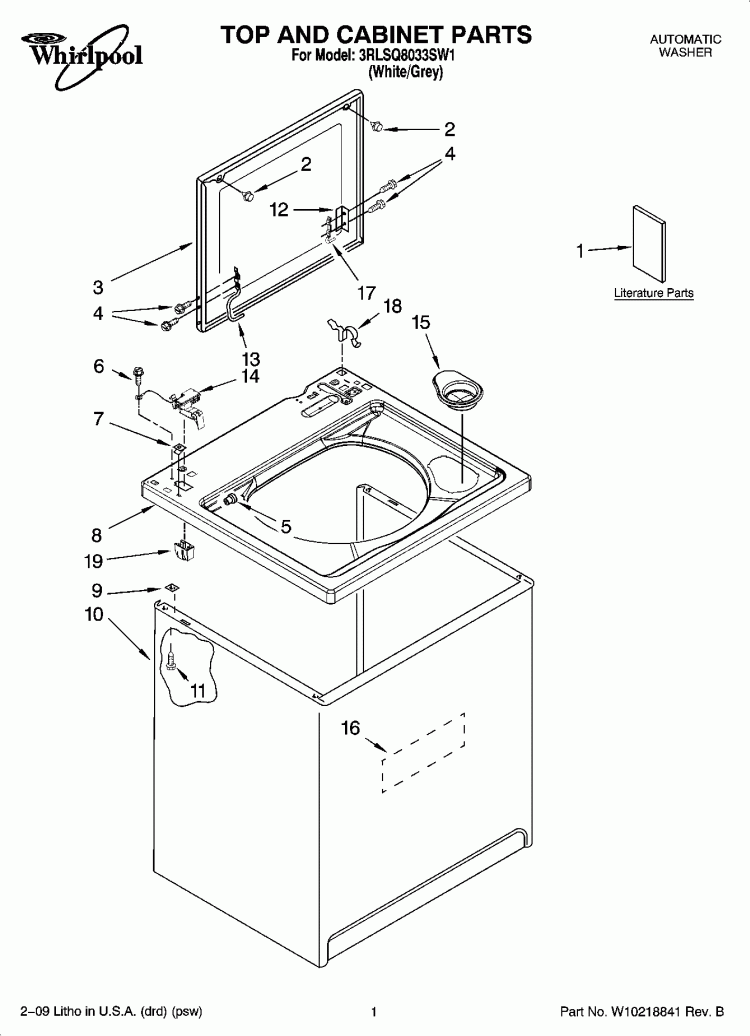 TOP AND CABINET PARTS Diagram and Parts List for 3RLSQ8033SW1  Whirlpool Washer