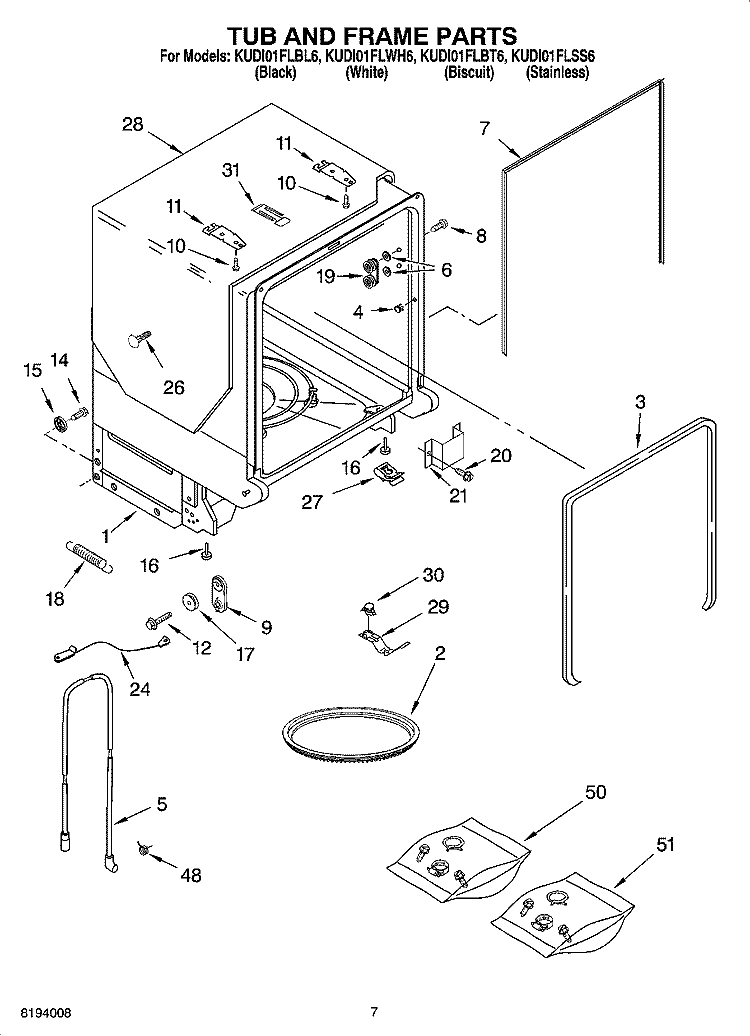 TUB AND FRAME PARTS Diagram and Parts List for KUDI01FLSS6  KitchenAid Dishwasher
