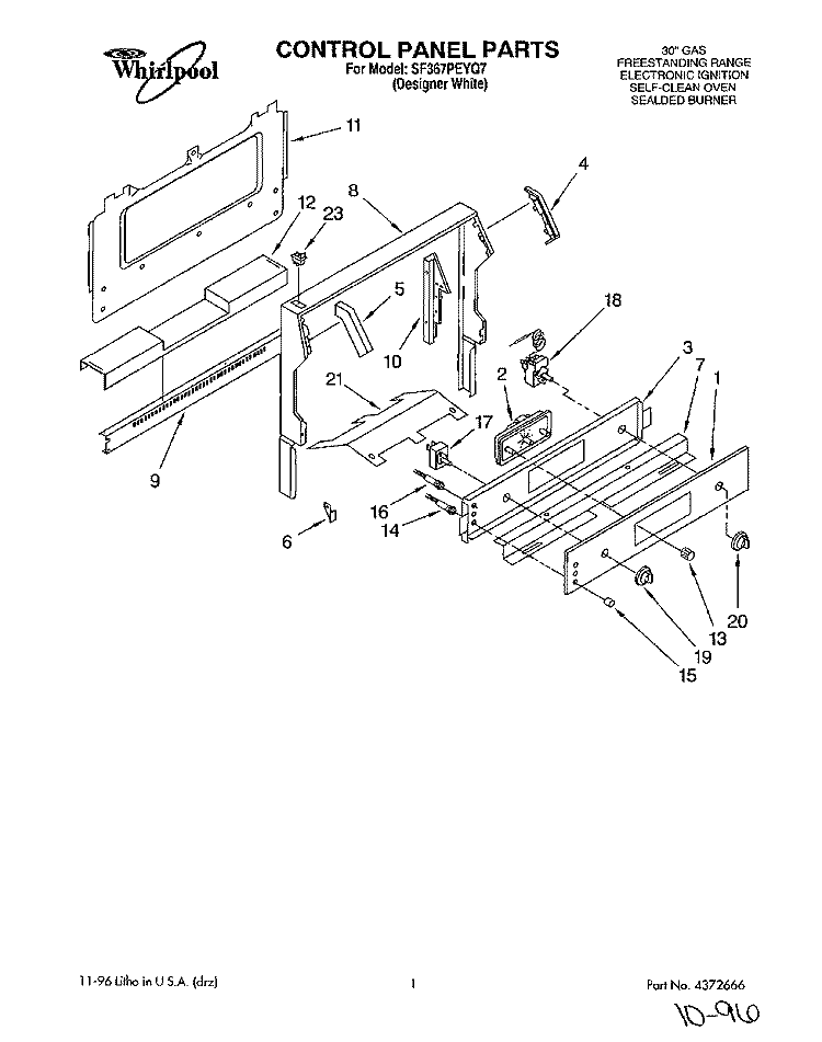 CONTROL PANEL Diagram and Parts List for SF367PEYQ7  Whirlpool Range