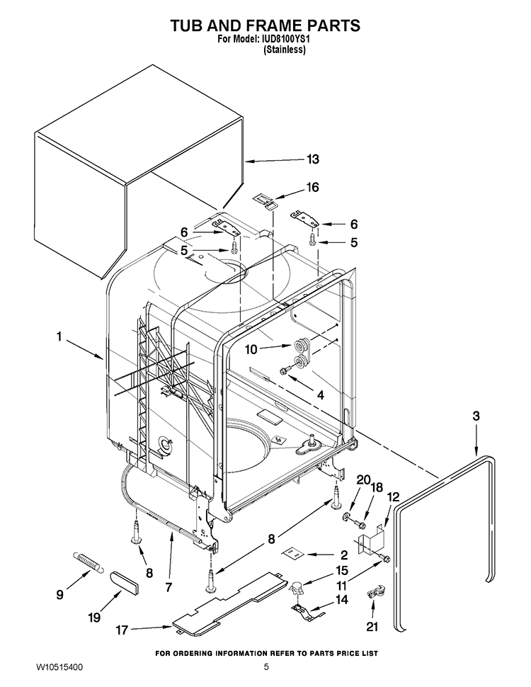 TUB AND FRAME PARTS Diagram and Parts List for IUD8100YS1  Whirlpool Dishwasher