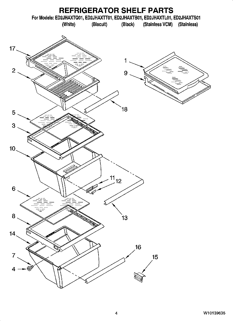 REFRIGERATOR SHELF PARTS Diagram and Parts List for ED2JHAXTL01  Whirlpool Refrigerator