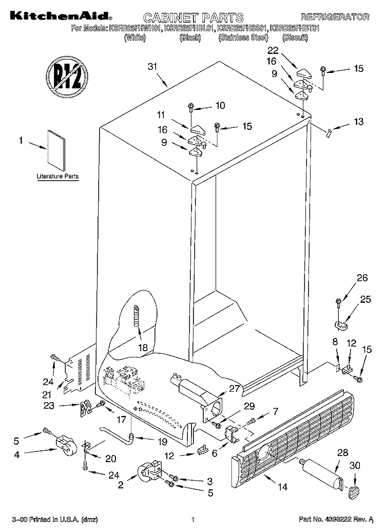 CABINET, LITERATURE Diagram and Parts List for KSRB25FHBL01  KitchenAid Refrigerator