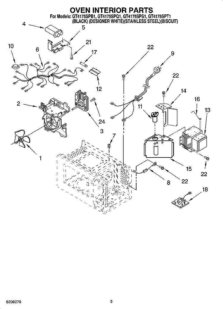 OVEN INTERIOR PARTS Diagram and Parts List for GT4175SPS1  Whirlpool Microwave