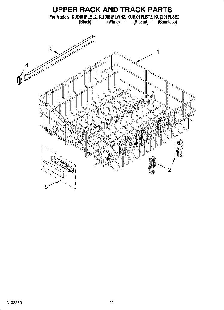UPPER RACK AND TRACK PARTS Diagram and Parts List for KUDI01FLBT2  KitchenAid Dishwasher