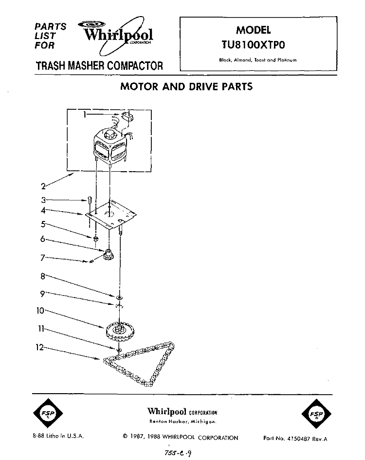 MOTOR AND DRIVE Diagram and Parts List for TU8100XTP0  Whirlpool Trash Compactor