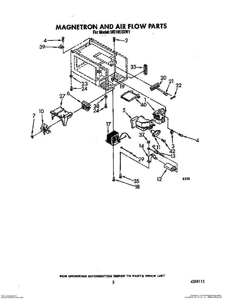 MAGNETRON AND AIR FLOW Diagram and Parts List for MS1600XW1  Whirlpool Wall Oven