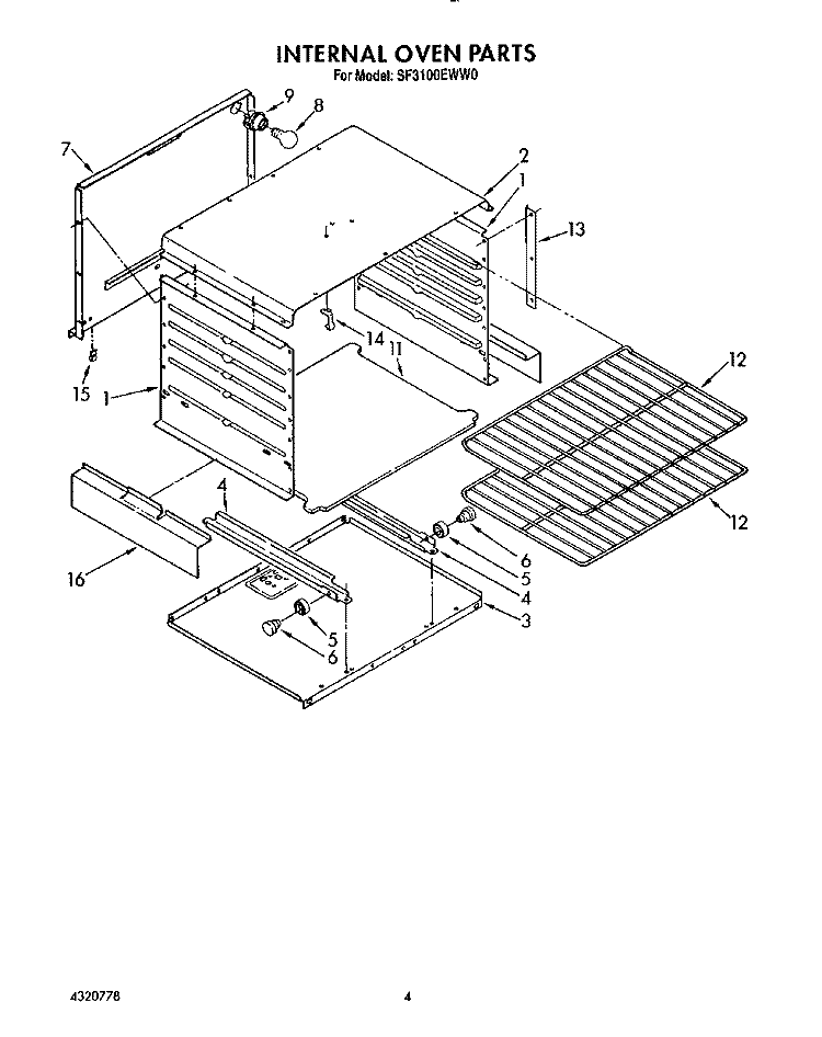 INTERNAL OVEN Diagram and Parts List for SF3100EWN0  Whirlpool Range