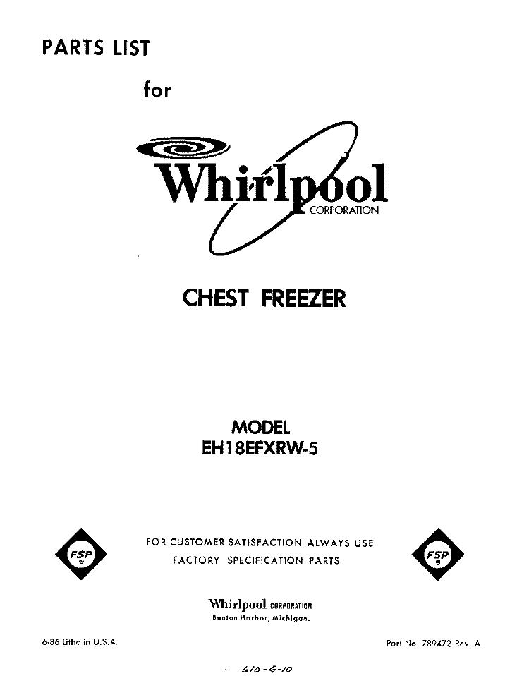 SECTION Diagram and Parts List for EH18EFXRW5  Whirlpool Freezer