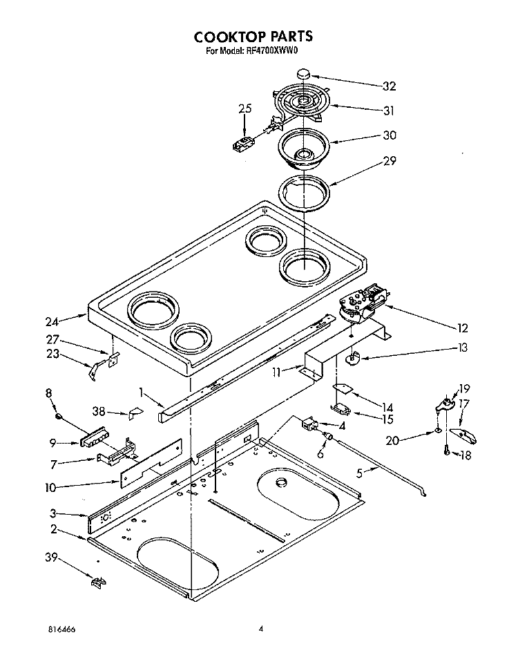 COOKTOP Diagram and Parts List for RF4700XWW0  Whirlpool Range