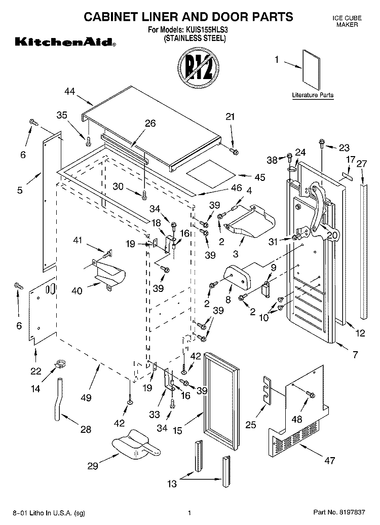 CABINET LINER AND DOOR, LIT/OPTIONAL Diagram and Parts List for KUIS155HLS3  KitchenAid Ice Maker