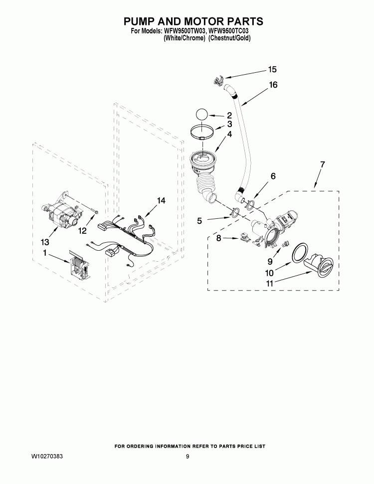 PUMP AND MOTOR PARTS Diagram and Parts List for WFW9500TW03  Whirlpool Washer