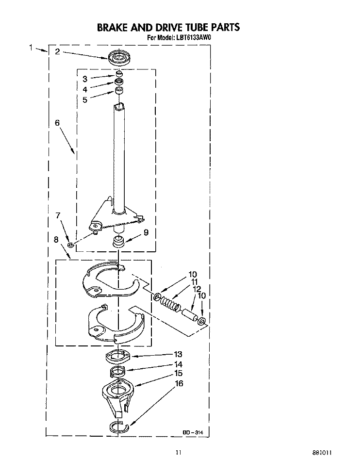 BRAKE AND DRIVE TUBE Diagram and Parts List for LBT6133AN0  Whirlpool Washer