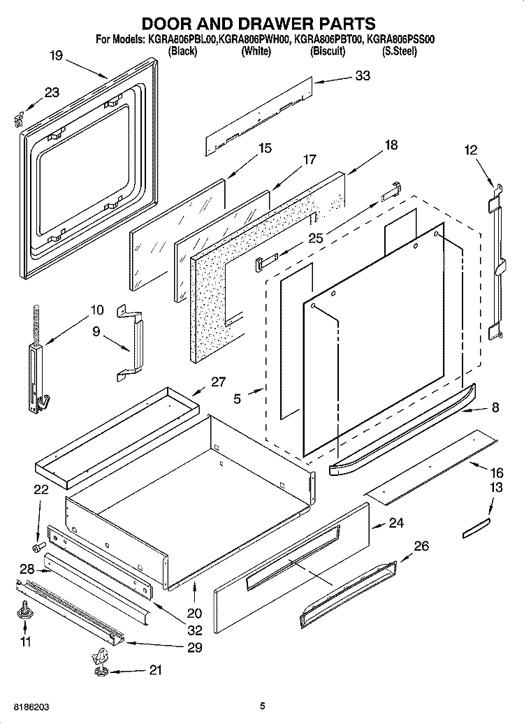 DOOR AND DRAWER PARTS Diagram and Parts List for KGRA806PBL00  KitchenAid Range