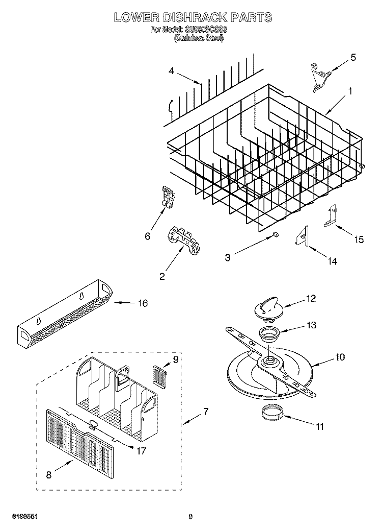 LOWER DISHRACK Diagram and Parts List for GU980SCGS3  Whirlpool Dishwasher