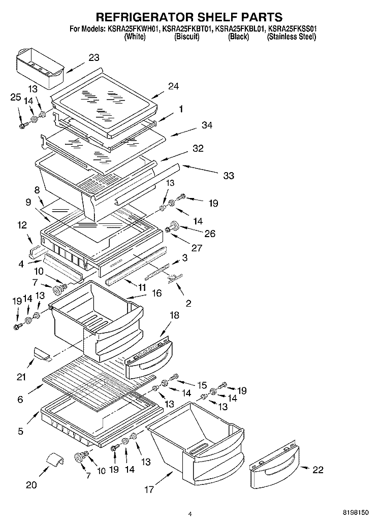 REFRIGERATOR SHELF PARTS Diagram and Parts List for KSRA25FKWH01  KitchenAid Refrigerator