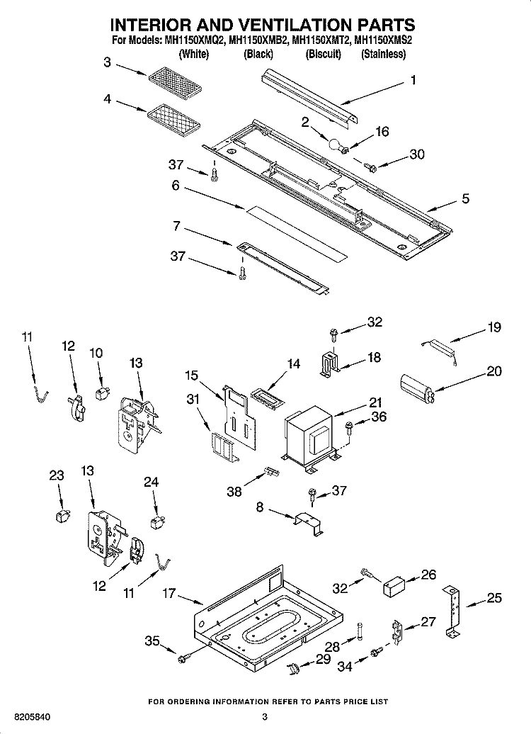 INTERIOR AND VENTILATION PARTS Diagram and Parts List for MH1150XMQ2  Whirlpool Microwave