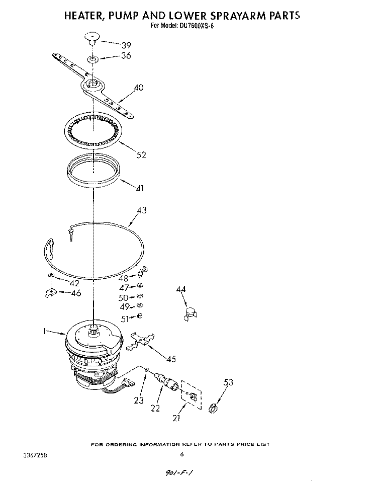 HEATER, PUMP AND LOWER SPRAY ARM Diagram and Parts List for DU7600XS6  Whirlpool Dishwasher