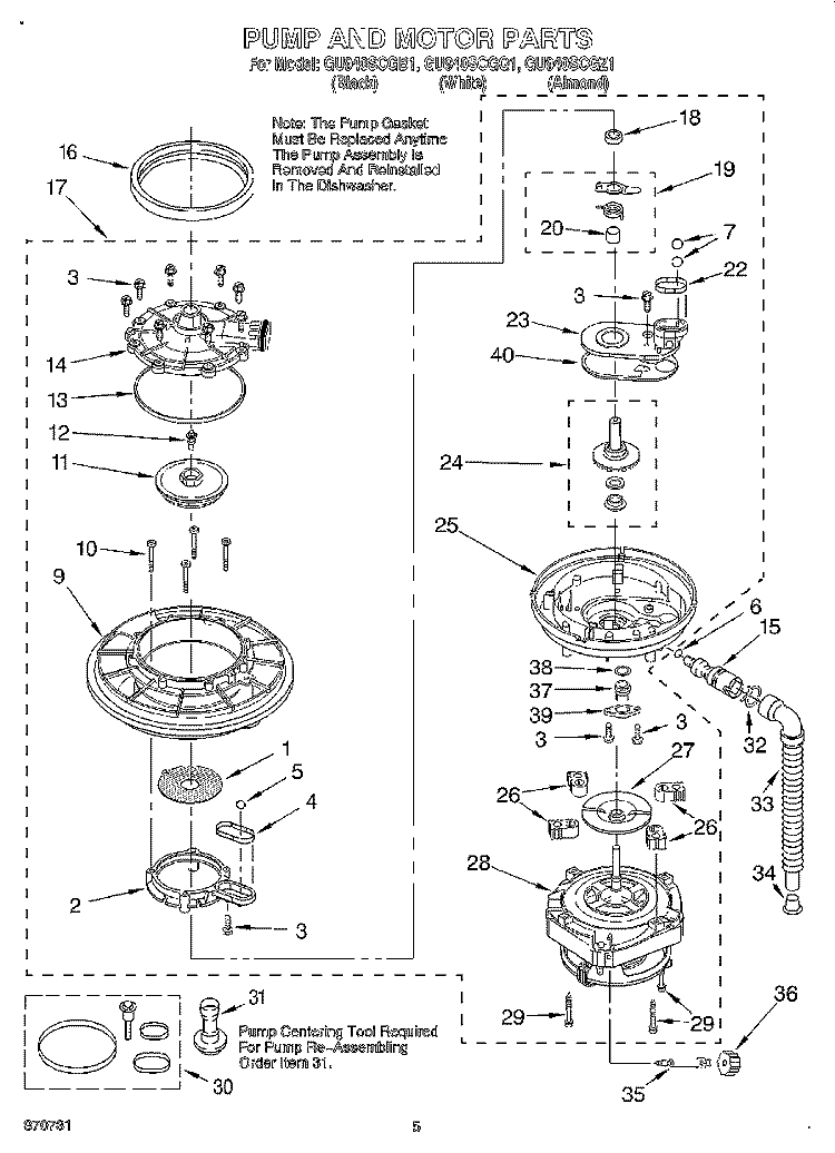 PUMP AND SPRAY ARM Diagram and Parts List for GU940SCGZ1  Whirlpool Dishwasher