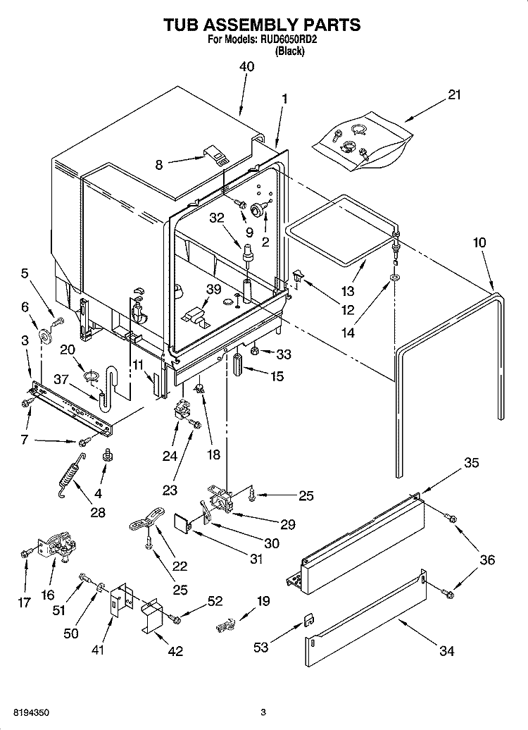 TUB ASSEMBLY PARTS Diagram and Parts List for RUD6050RD2  Roper Dishwasher