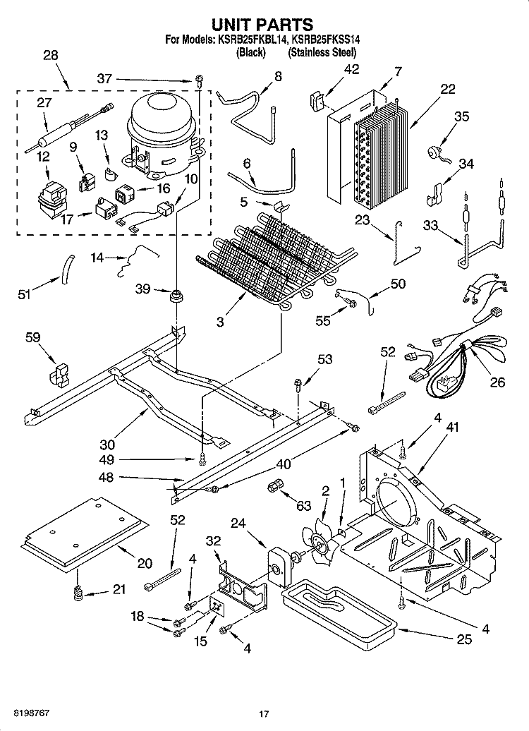 UNIT PARTS Diagram and Parts List for KSRB25FKBL14  KitchenAid Refrigerator