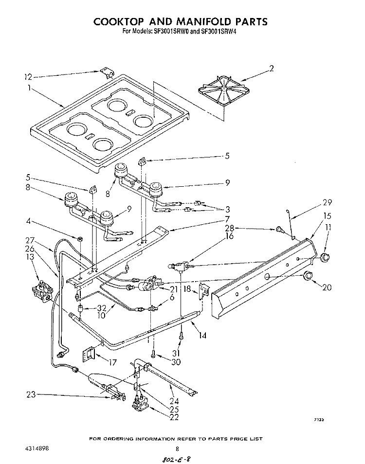 COOKTOP AND MANIFOLD , LITERATURE AND OPTIONAL Diagram and Parts List for SF3001SRW1  Whirlpool Range